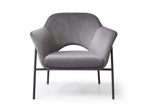 Karla Leisure Chair is luxurious accent chair available in blue or grey fabric. The chair is complimented with a sanded black coated steel frame.