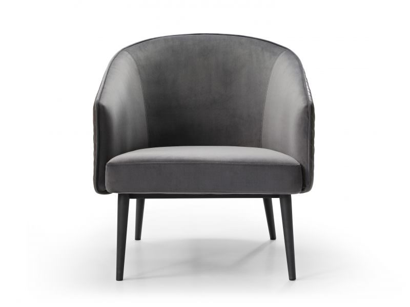 Boston Leisure Chair is available in great velvet fabric. The front, back, and seat are grey velvet fabric and the outside back is grey PU. It makes a great combination with the sanded black coated steel frame base.
